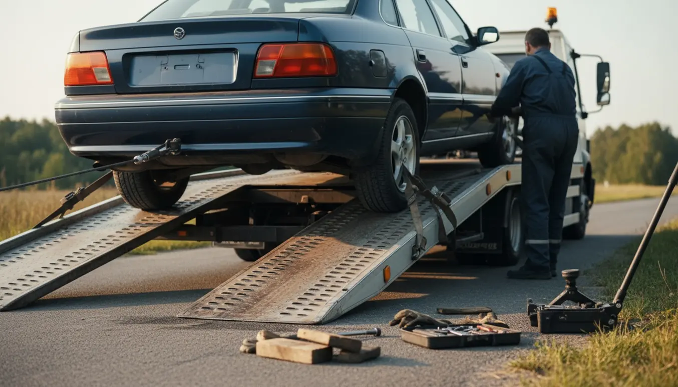 En bil uden nummerplader fastgøres på en fladvogn ved vejkanten.