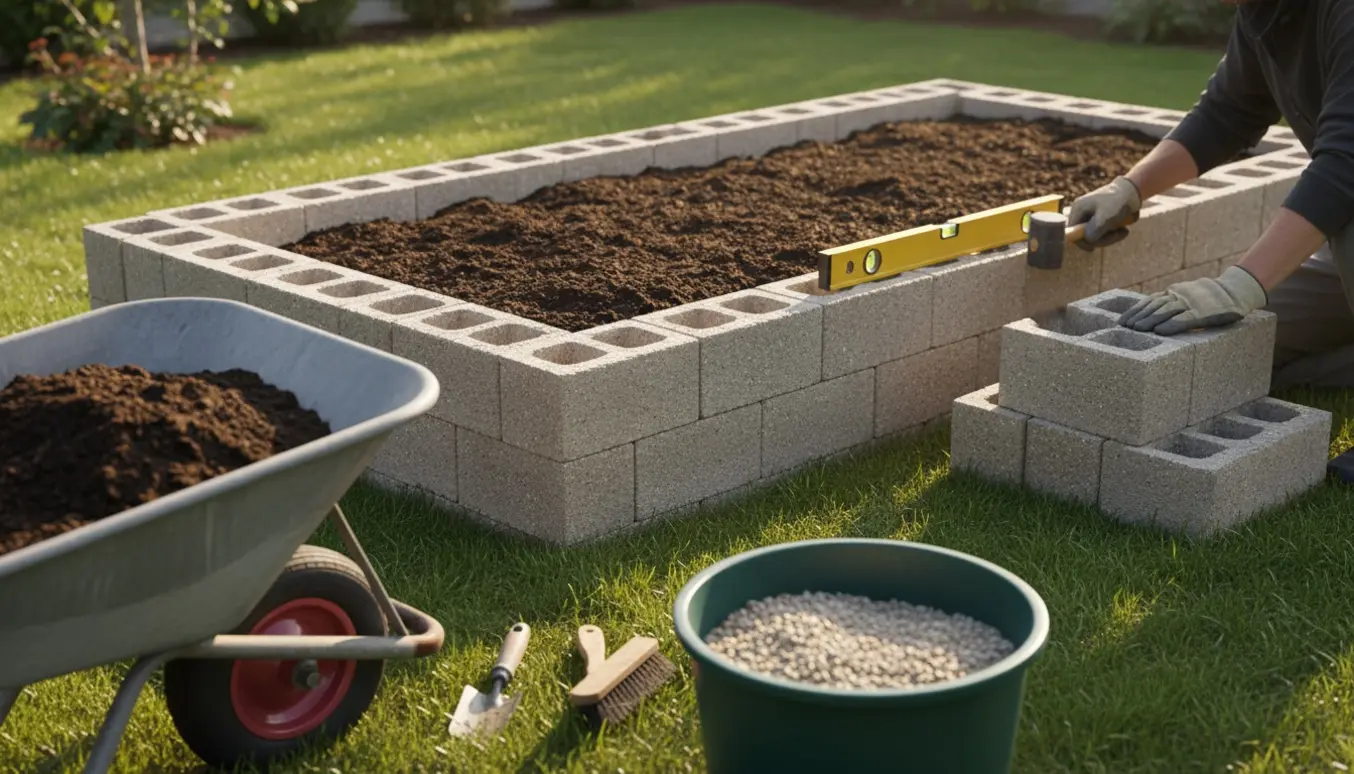 Højbed under opbygning med kantblokke og værktøj i en solrig baghave.