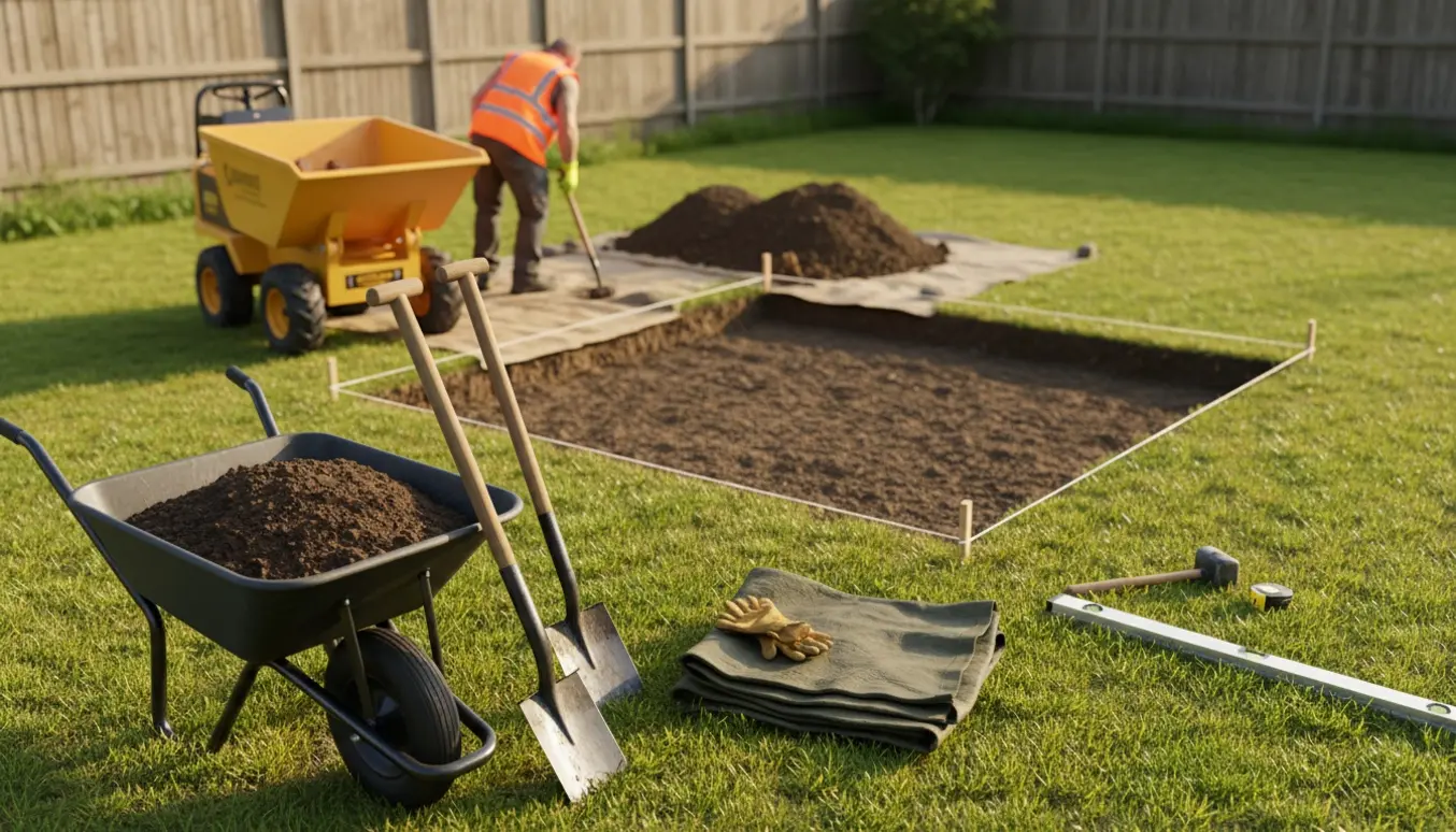Udgravning til en lille terrasse med trillebør, skovle og bunker af jord i en baghave.