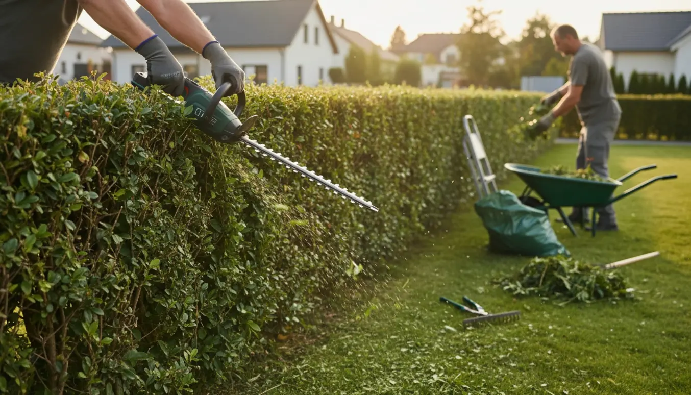 En nyslået hæk langs skellet med handsker, hækkeklipper, trillebør og en fyldt haveaffaldssæk.