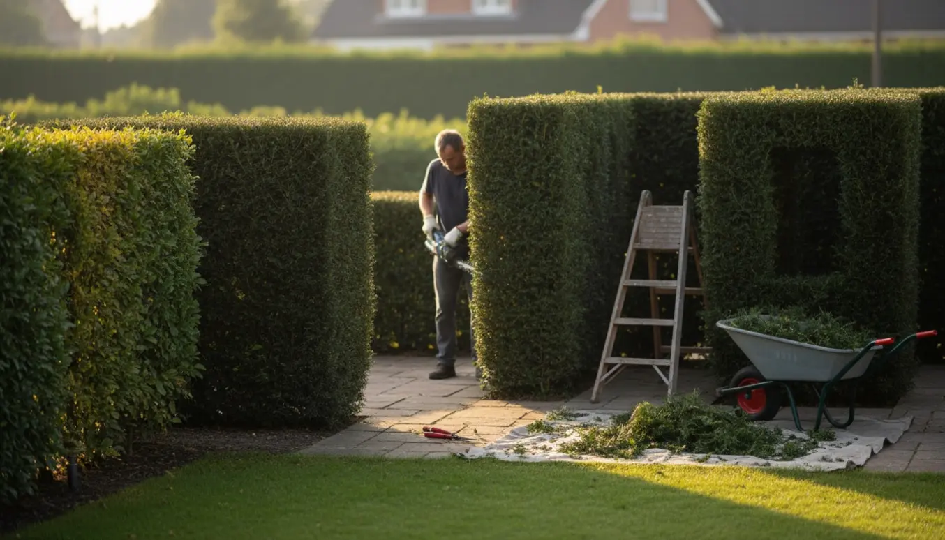 Hækkeklipper og handskeklædte hænder former en klippet hæk og en taks som rumdeler i haven.