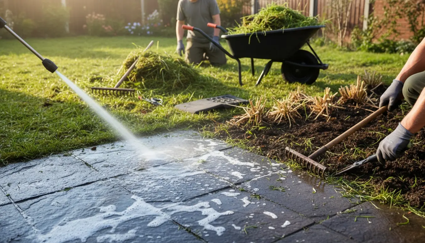 Rengøring af overgroet have med højtryksrensning af fliser, fjernelse af ukrudt fra græs og ryddede bede.
