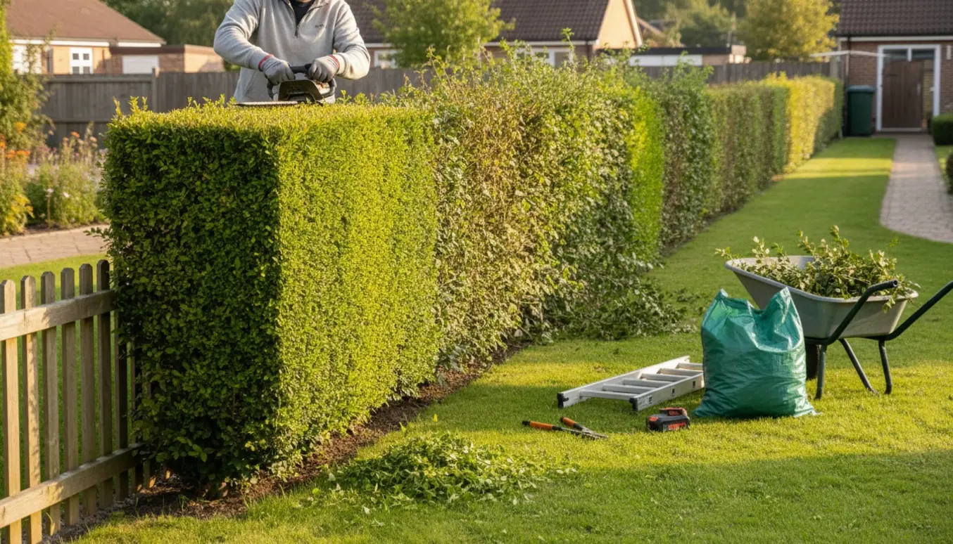 Lang ligusterhæk på ca. 20 meter, delvist nyklippet med trimmer og redskaber lagt klar på græsset.