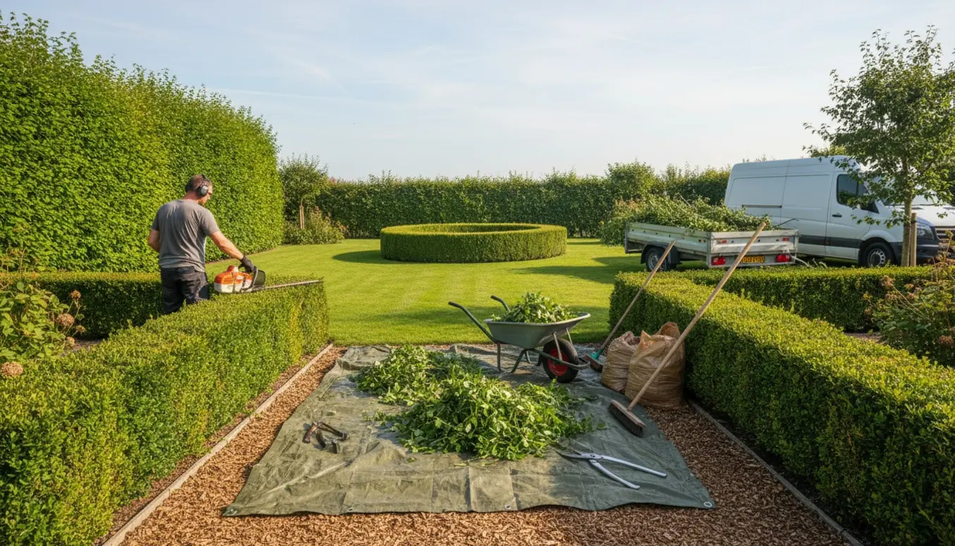 Gartner trimmer hække og læsser afklip i en trailer klar til bortskaffelse.
