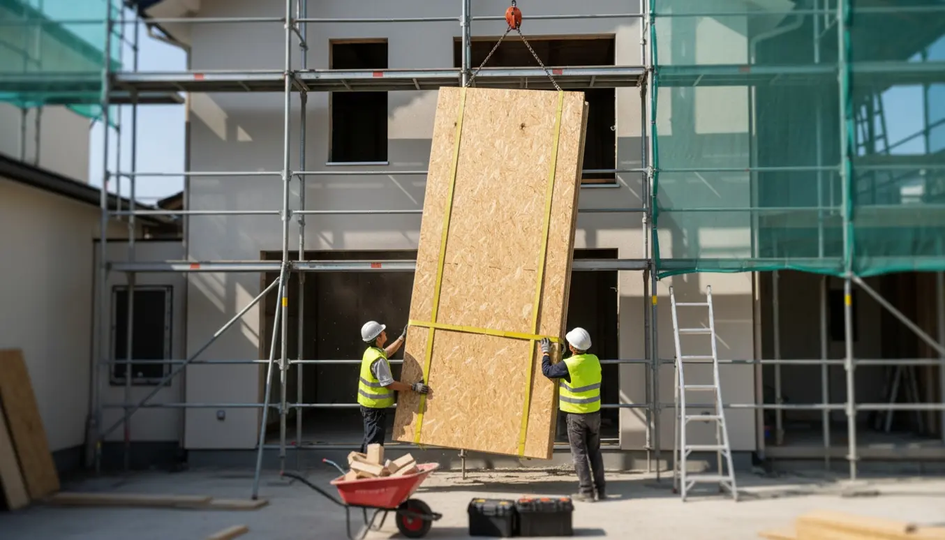 OSB-plader løftes fra gårdspladsen op til 2. sal ved hjælp af stillads og talje, med arbejdere uden synlige ansigter.