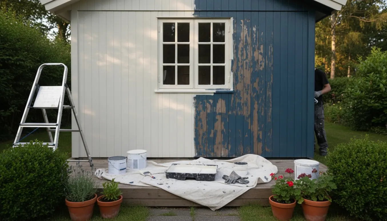 Udvendig maling af et lille kolonihavehus med en maler, rulle og halvmalet facade i en grøn have.
