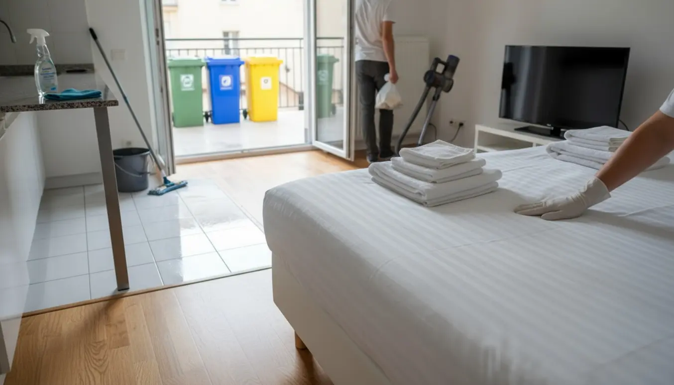 Lyse, rengjorte to-værelses lejlighed med nyopredt seng, foldede håndklæder og skrald på vej ud i gården.