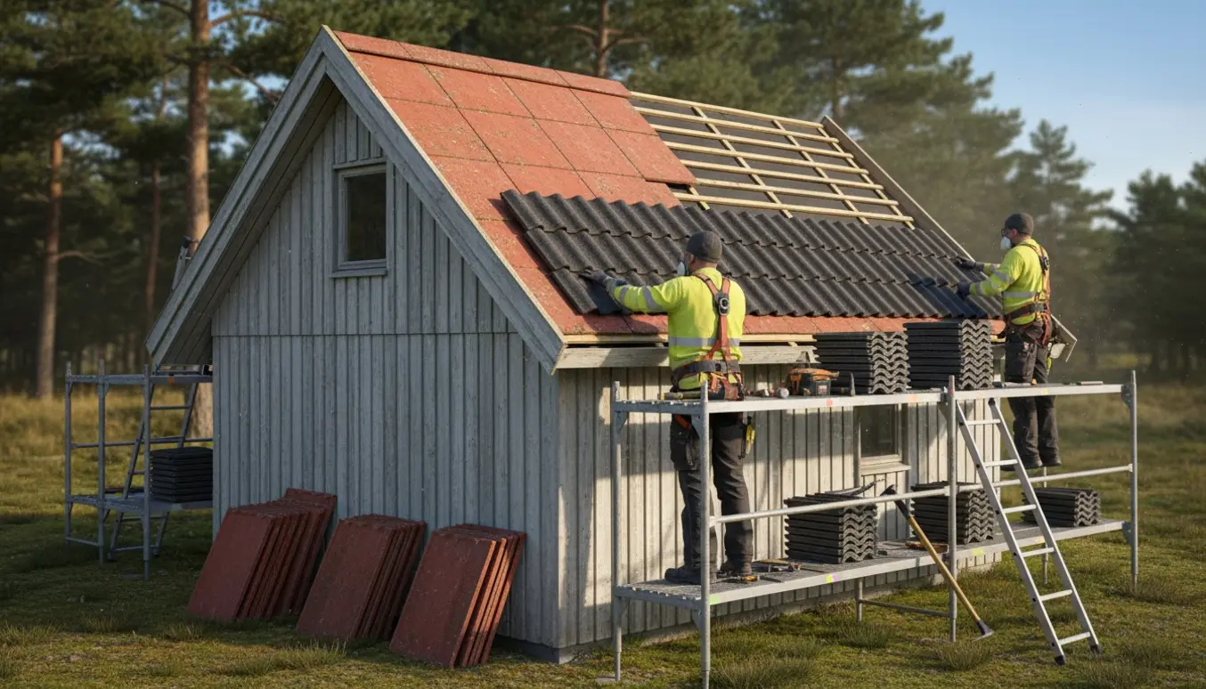 Stillads og tagarbejdere udskifter et gammelt rødt eternittag på et lille sommerhus.
