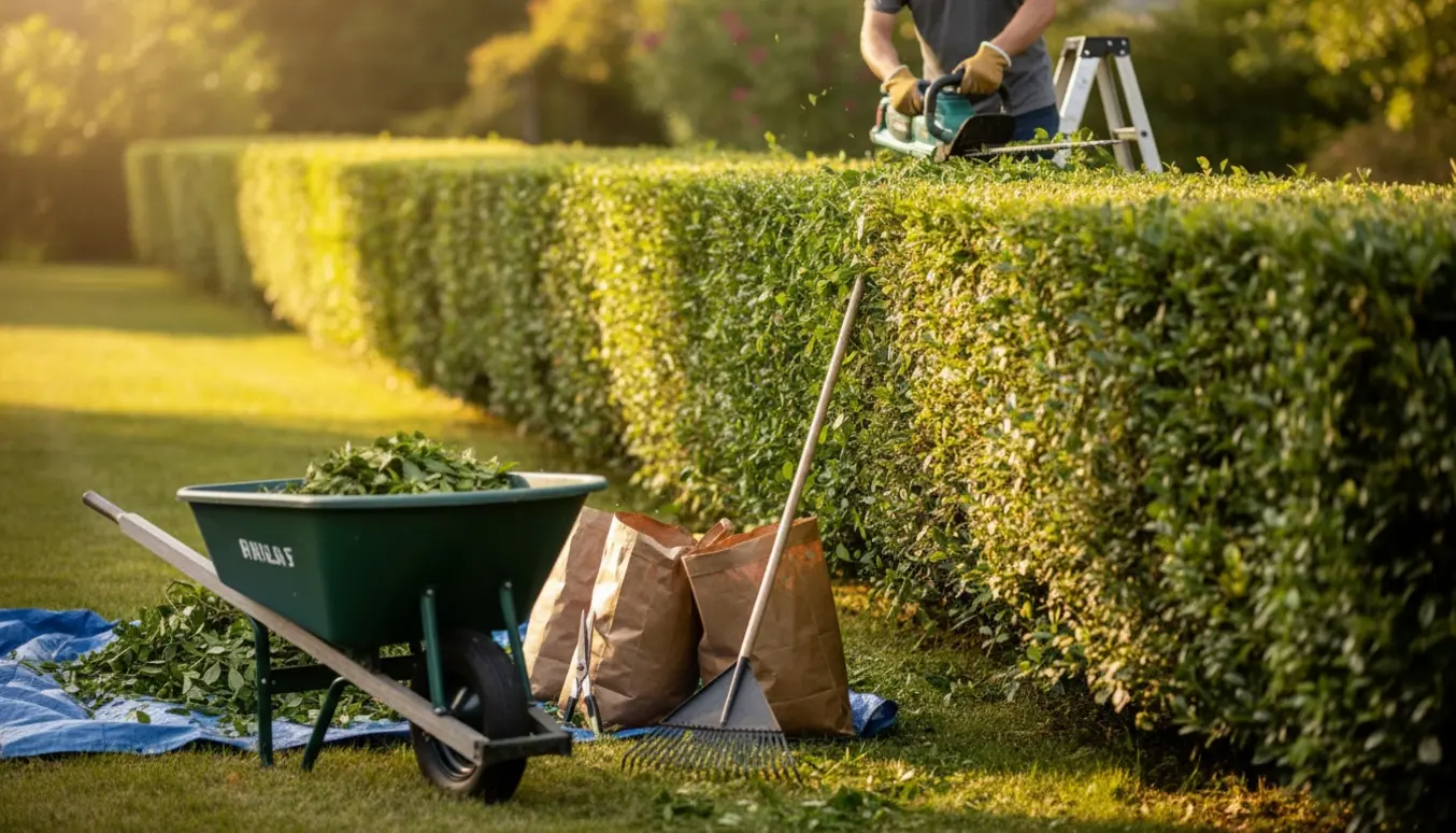 Lang hæk bliver klippet med hækkeklipper, og afklip samles i skovl og sække klar til fjernelse.
