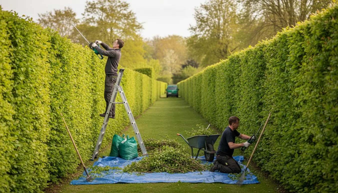 Havearbejdere beskærer lange bøgehække langs en sti, med nyklippede grene samlet på en presenning.