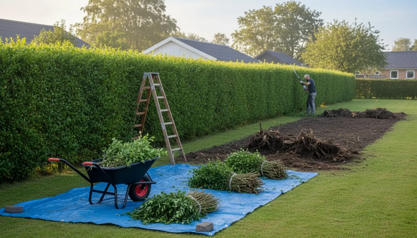 Lang grøn hæk i en villahave i Silkeborg med en stige, trimmer og bunker af nyklippede grene.
