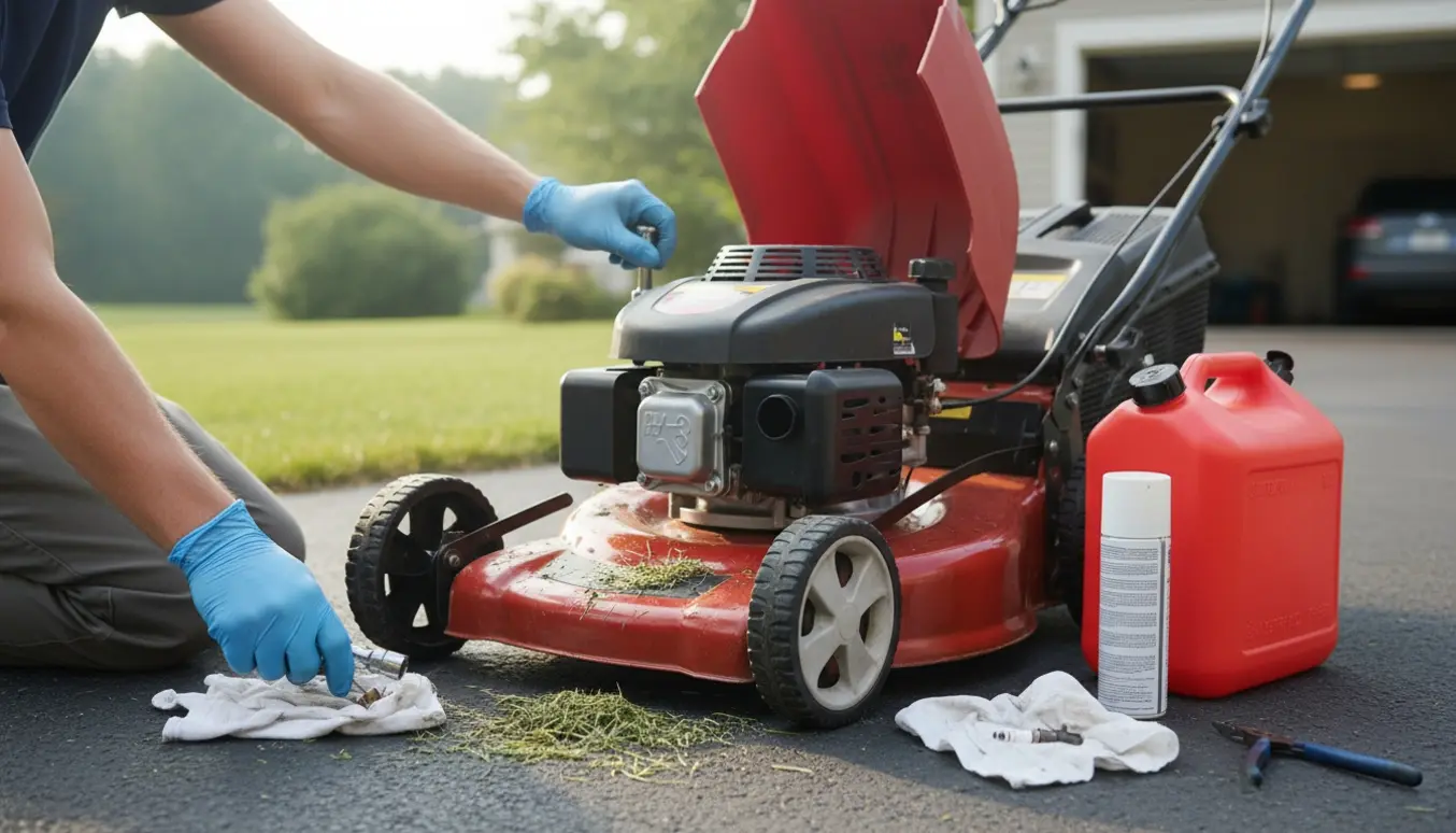 Hænder reparerer en plæneklipper med åben motor og værktøj på en indkørsel.