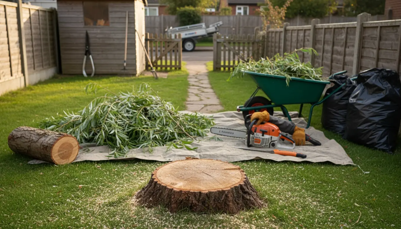 Nyligt fældet pilestub på ca. 20 cm med bunker af grene, trillebør og fyldte sække ved en trang passage til vejen.