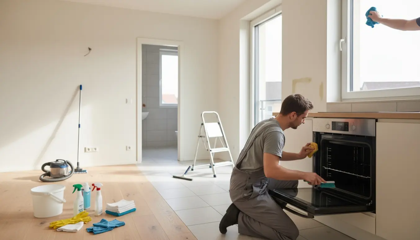 Tom 55 m² lejlighed under flytterengøring med åben ovn, pudsede vinduer og rengøringsudstyr.