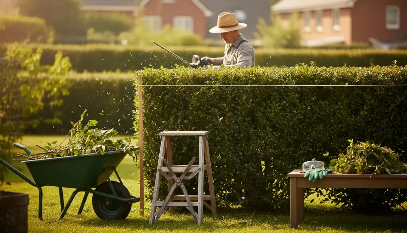Gartner trimmer en lille hæk med elektrisk hækkeklipper og en snor som højdeguide.
