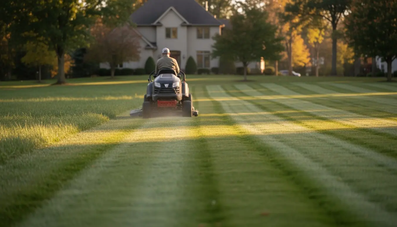 En ride-on-plæneklipper slår en stor græsplæne og efterlader tydelige, friske striber i gyldent sollys.