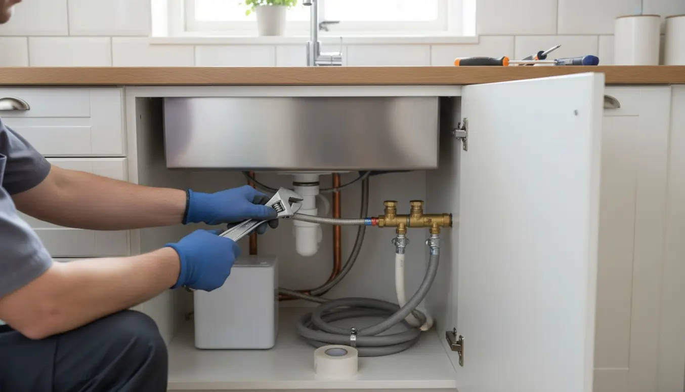 Håndværker tilslutter køkkenvask, underbordstank, opvaskemaskine og vaskemaskine i et lyst skandinavisk køkken.