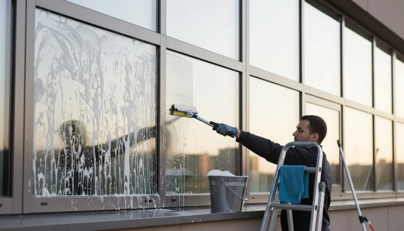 Vinduespudser rengør en række små og mellemstore vinduer udvendigt med klart før‑og‑efter resultat.