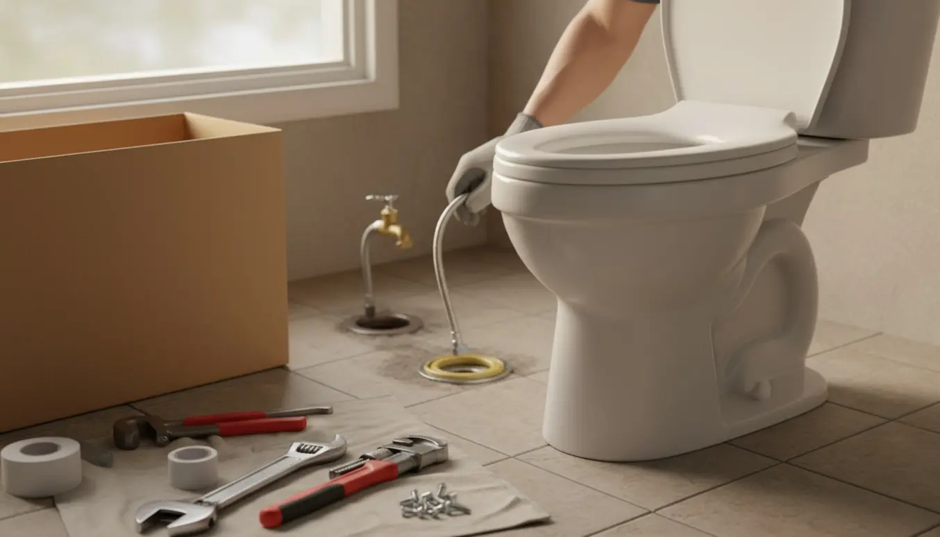 Nyt toilet og VVS-værktøj klar til montering i et lyst badeværelse, håndværkerens hænder arbejder ved installationsstedet.