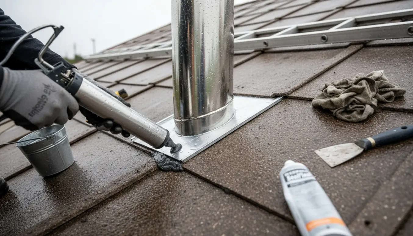 Hænder tæt på, der tætner inddækningen omkring et rundt brændeovnsskorstensrør på et eternittag med tagstige.