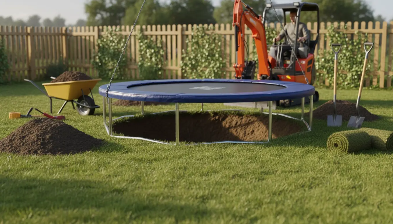 Et 4 meter trampolin sænkes ned i et nyslået hul i baghaven med jordbunker og værktøj i nærheden.