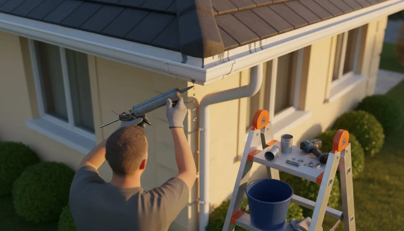 Håndværker på stige tæt på utæt tagrende og nedløbsrør ved en toetagers villa, med værktøj og reparationsmaterialer.