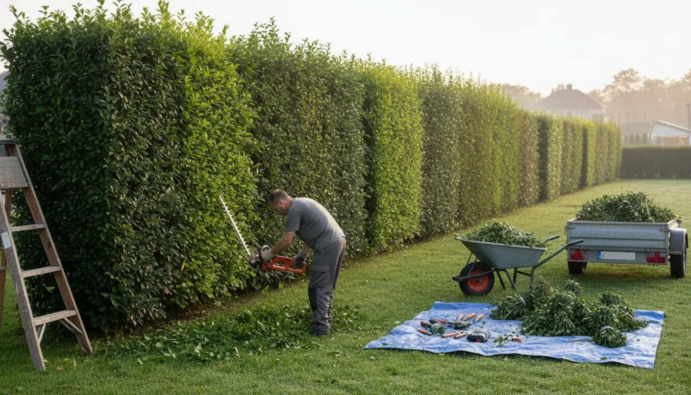 Lang ligusterhæk bliver klippet, og afklip samles i trillebør og trailer.