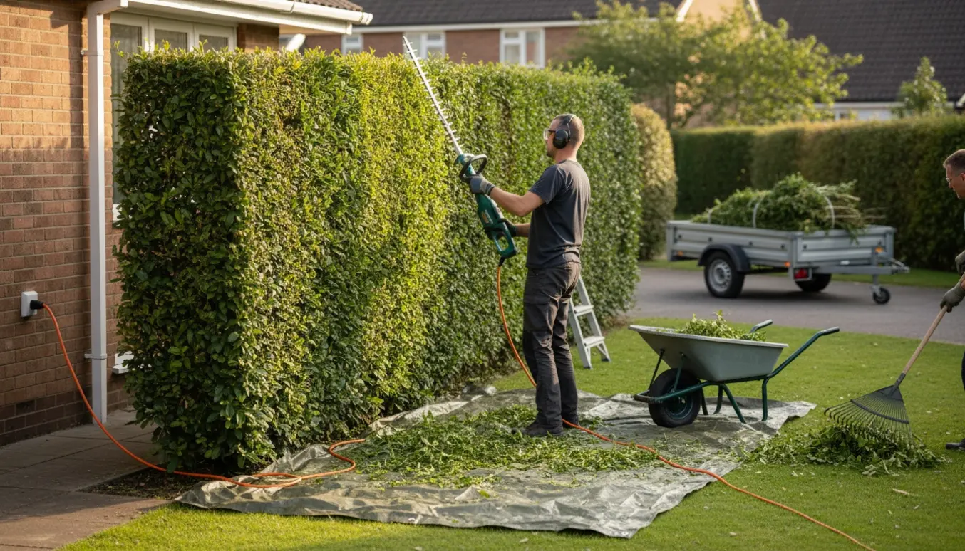 En havearbejder klipper en tæt ligusterhæk med en elektrisk hækklipper, mens afklip samles i trillebør og trailer.