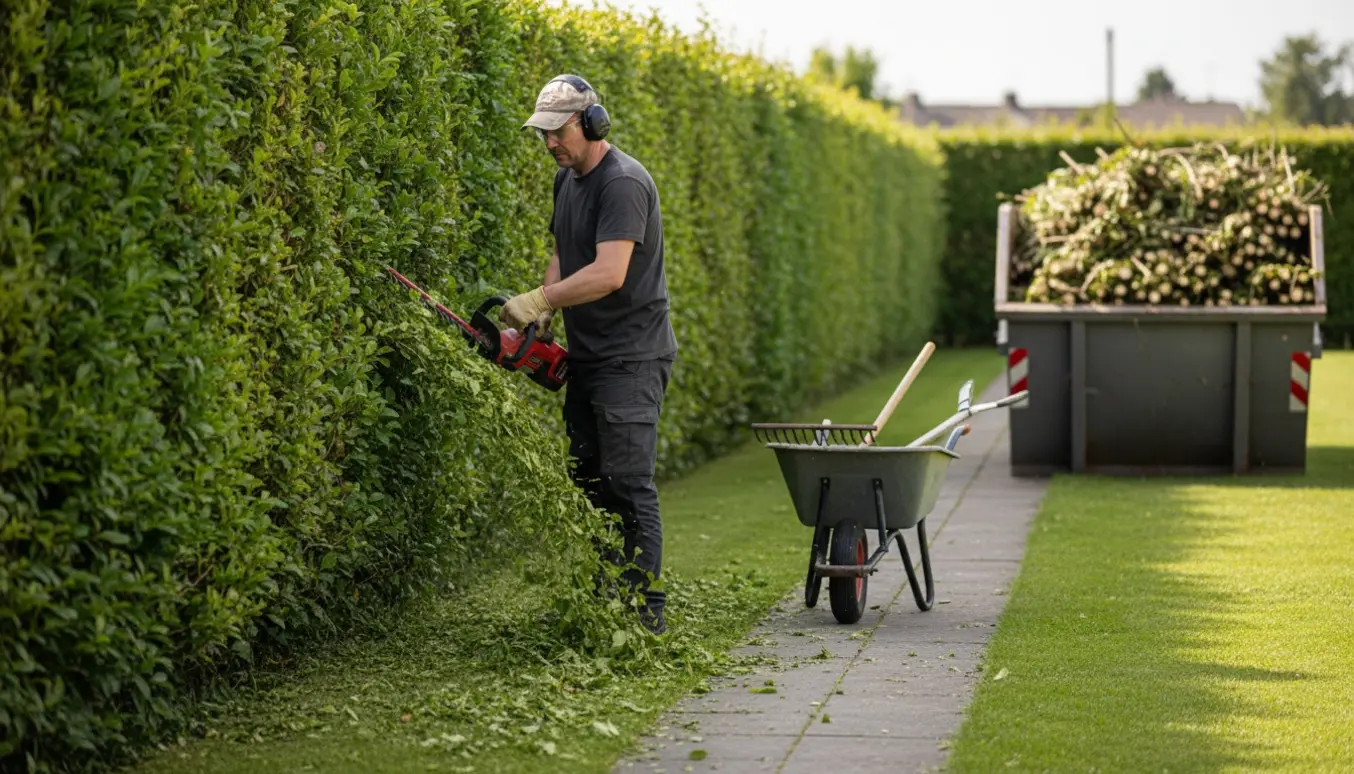 Person klipper en lang hæk mens haveaffald samles i en container i baggrunden.