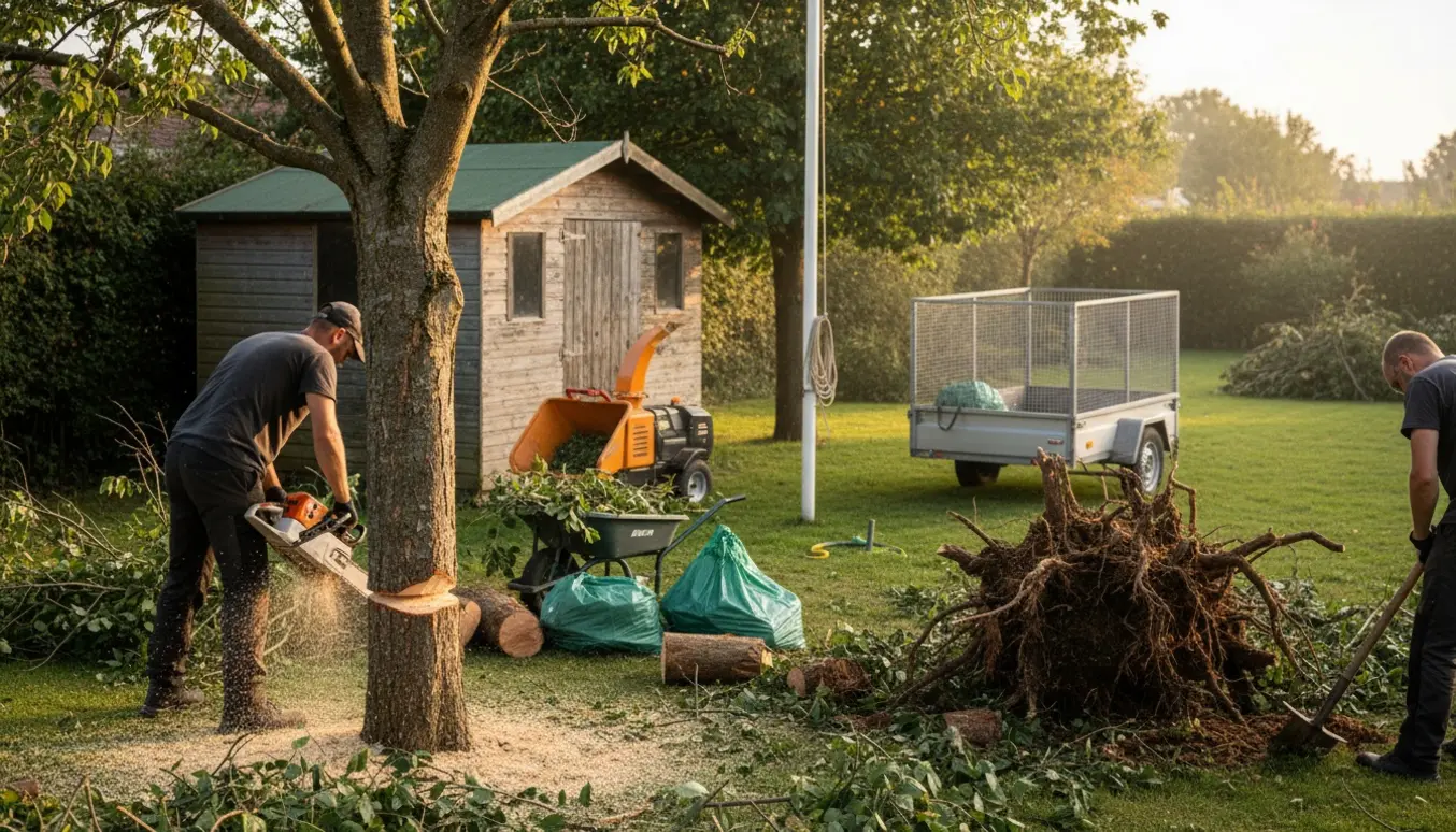 Arbejderes værktøj og opgravede rødder ved fældning af to træer og to buske ved et skur og en flagstang.