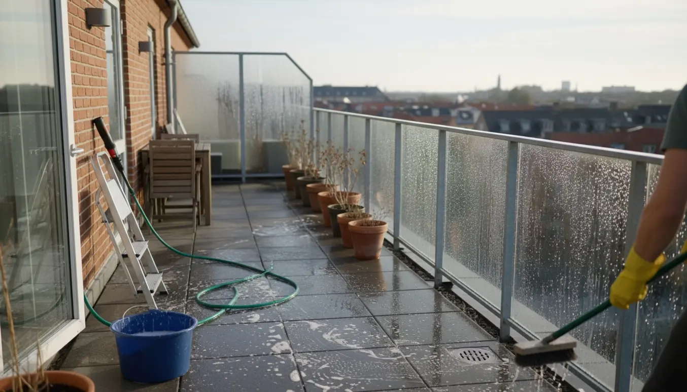 Ren tagterrasse på femte sal i Nørrebro, hvor handsker, slange og skrubbe børste rengør våde fliser og vindskærm.