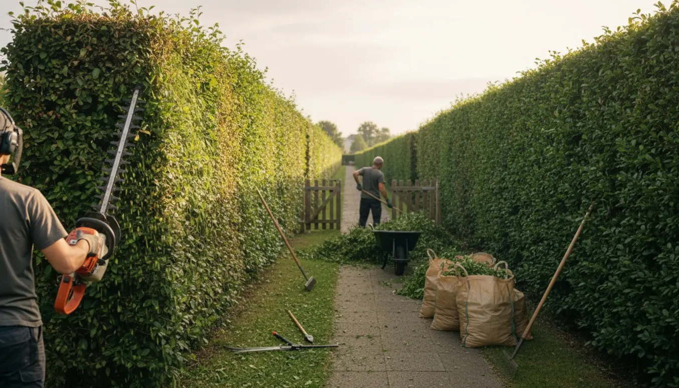 Lang hæk på ca. 2 m trimmes professionelt, mens afklip samles i trillebør og sække.