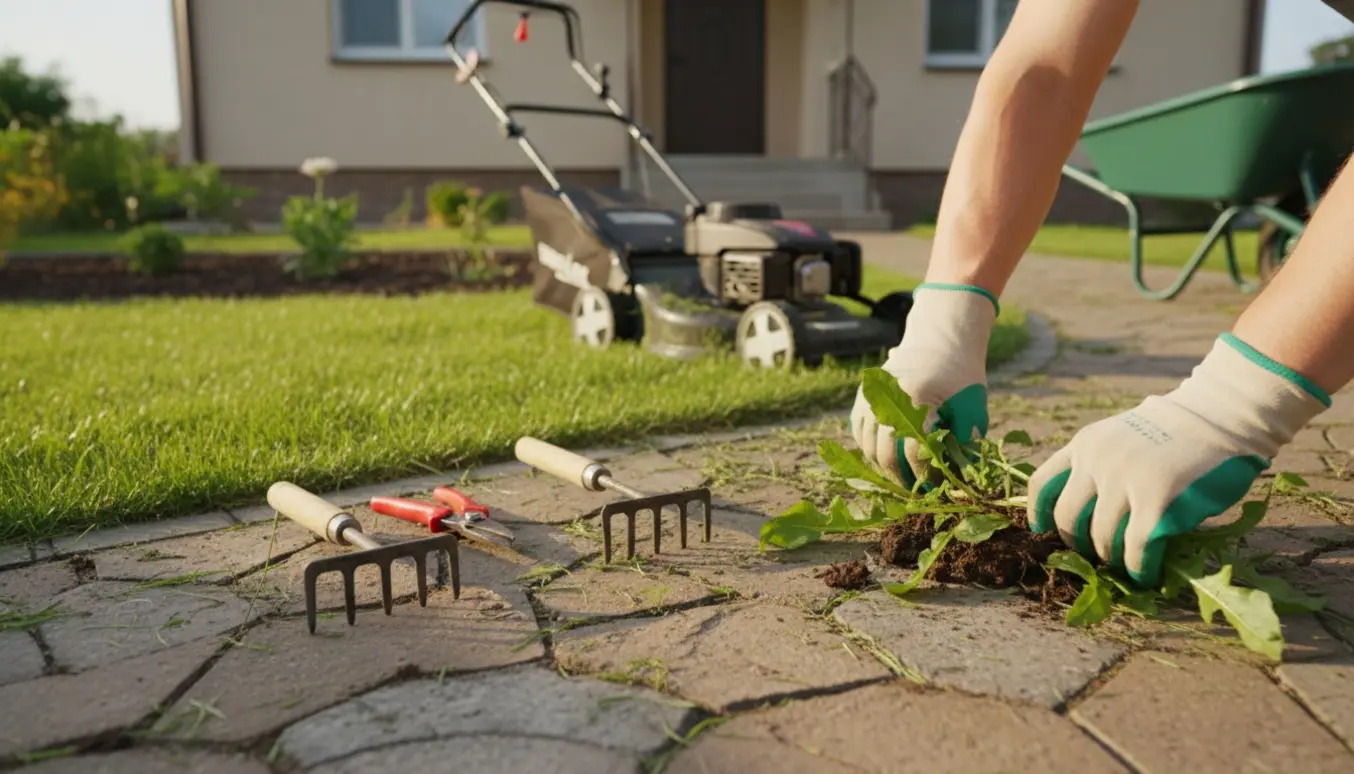 Nærbillede af græsplæne ved indgang med plæneklipper, beskæringssaks og hænder, der fjerner ukrudt.