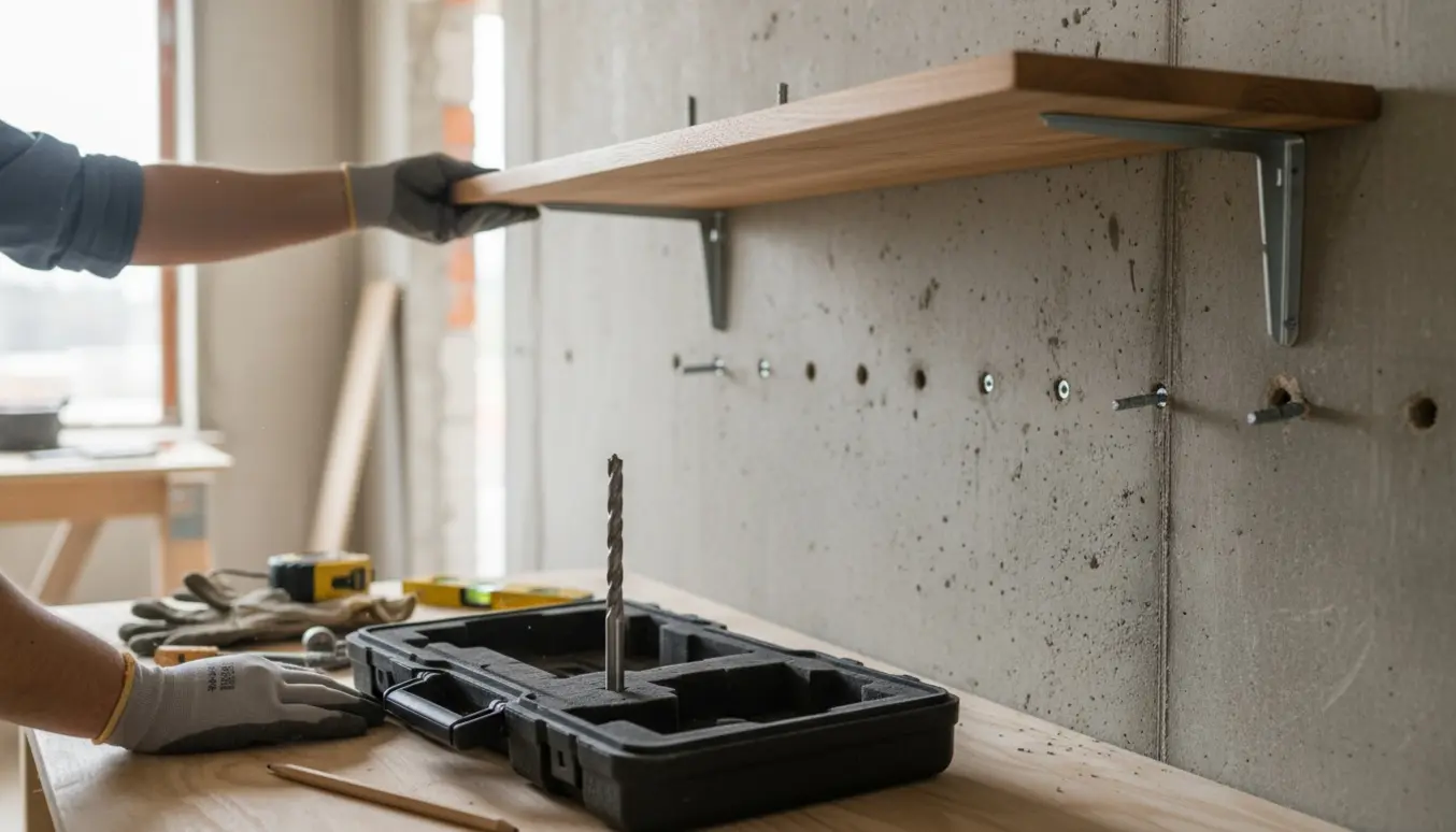 Halvfærdig opsætning af reol i nybygget beton med SDS-plus 14 mm bor og værktøj klar.