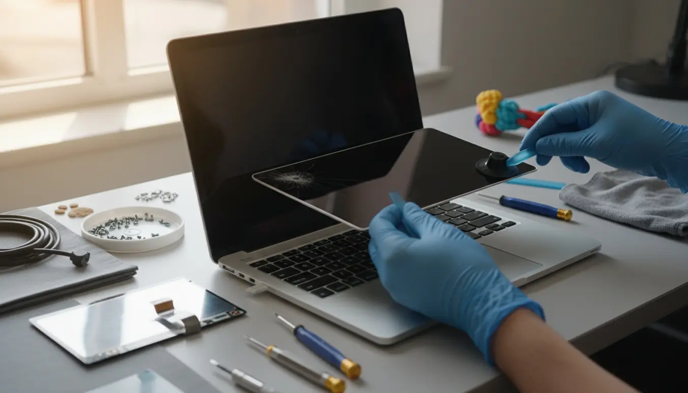 Tekniker arbejder på en MacBook Air M1 2020 med sort skærm på et ryddeligt reparationsbord.