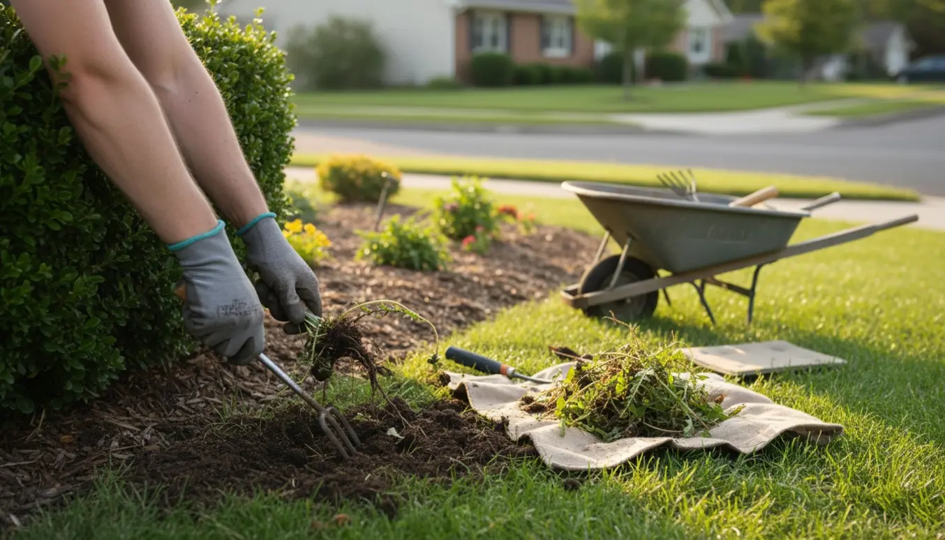 Handskerede hænder fjerner ukrudt ved hæk og forhave på en hjørnegrund.
