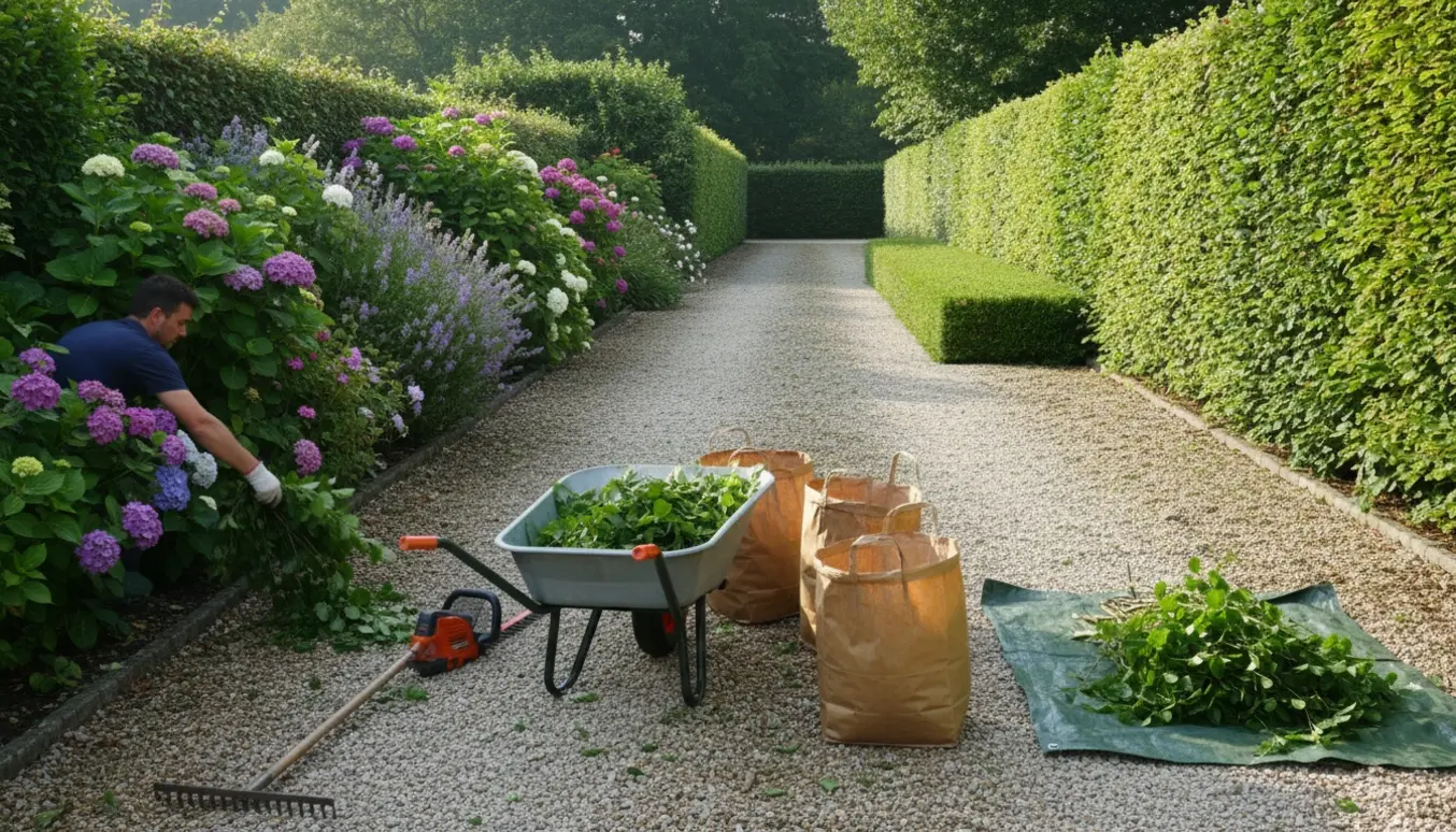 Lang indkørsel med nyligt klippede hække, trillebør og sække fyldt med afklip.