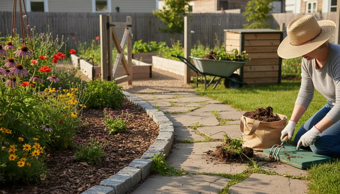 Nærfoto af havearbejde med handsker, rive og en bunke ukrudt foran huset og via åben port synlig baghave med bed og trillebør.