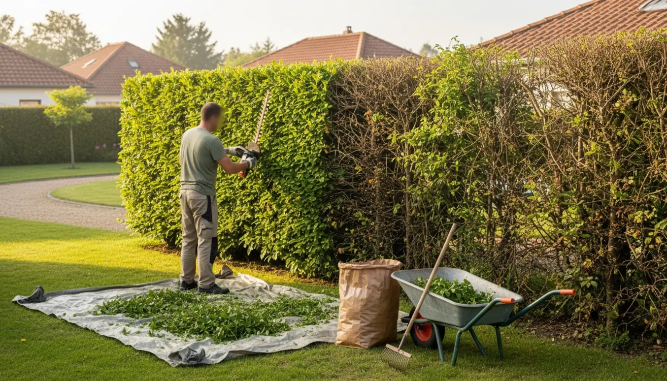En person klipper en ligusterhæk med en hækkeklipper, mens afklip ligger samlet i en trillebør.