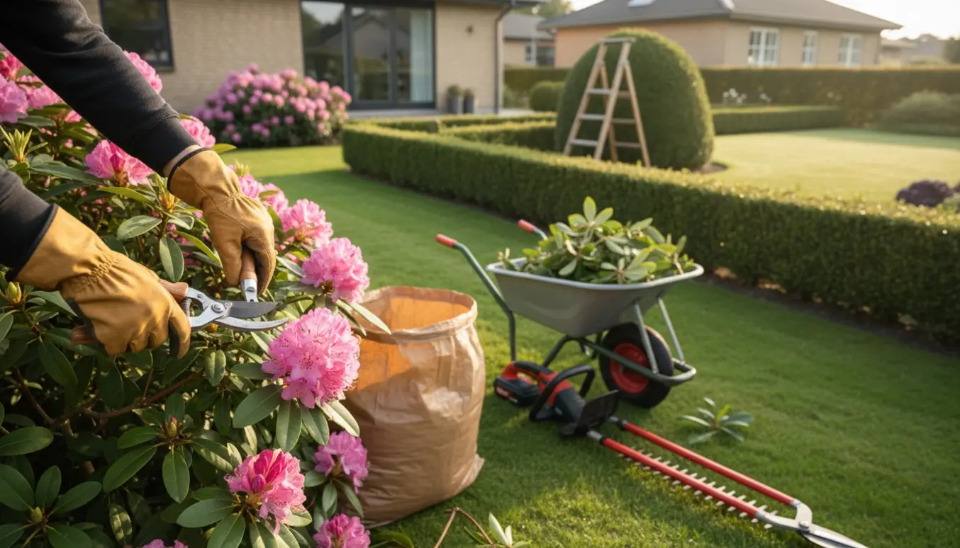 Beskæring af hæk og rhododendron i en forstadshave med afskårne grene i en trillebør.