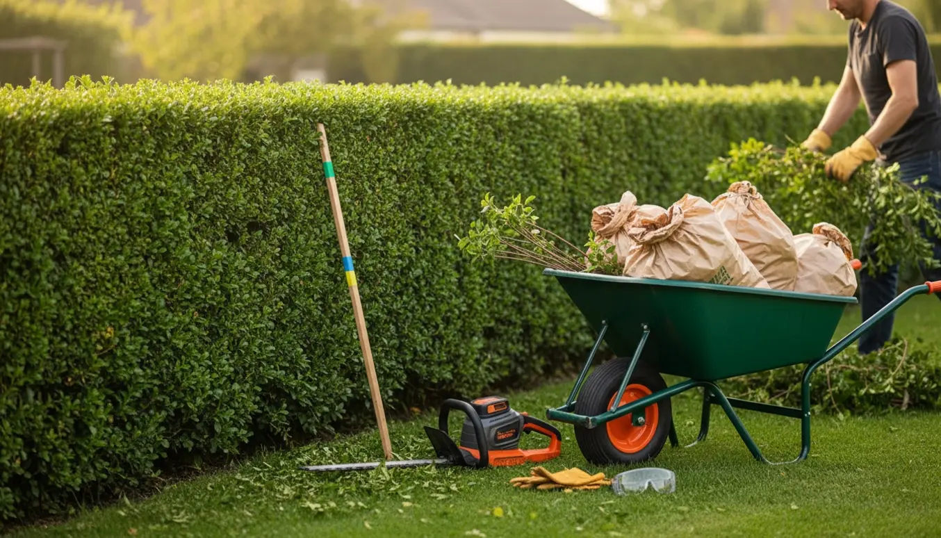 Nyklippet ligusterhæk med beskæreredskaber, afklip og affaldssække klar til bortskaffelse.