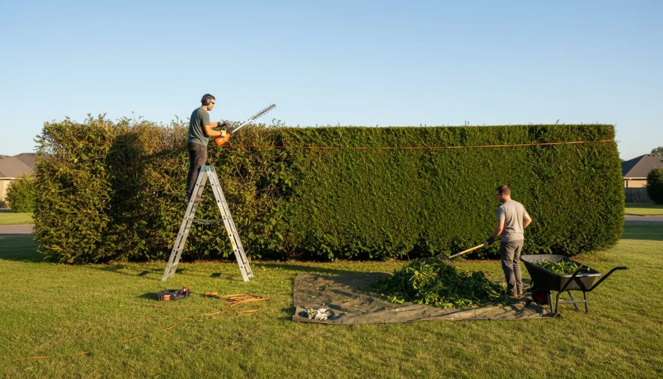 To personer beskærer en høj hæk med teleskoptrimmer og samler afklippede grene i en skovl og skovl på en solrig morgen.