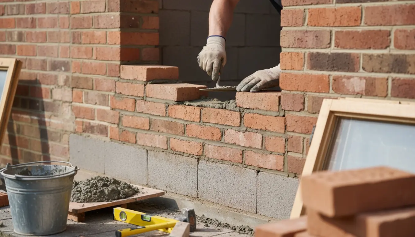 Nærbillede af murer, der genmurer et vindueshul i en midten-af-århundredet teglstensvilla, med mursten og arbejdsværktøj i forgrunden.
