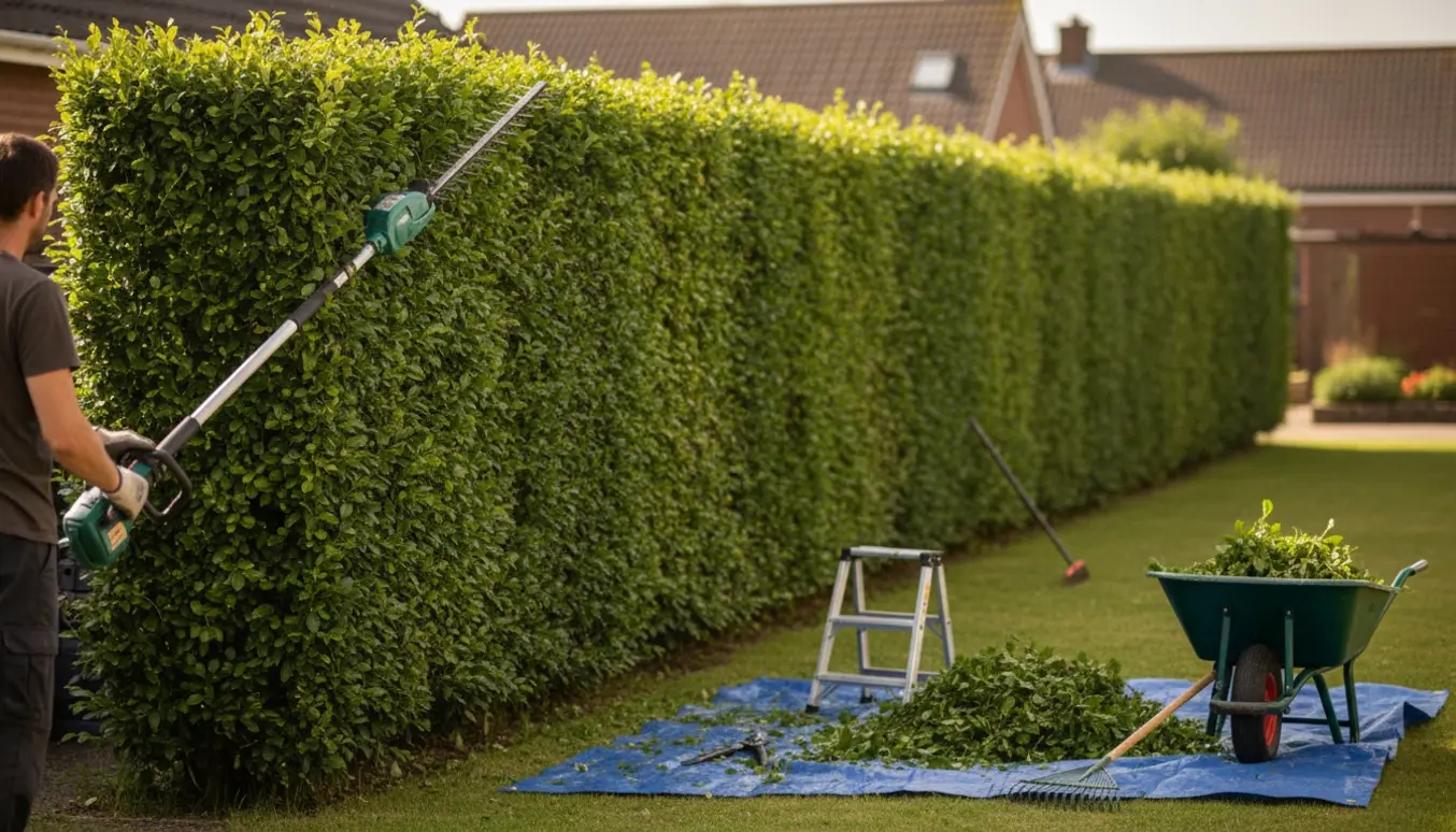 Bøgehæk under klipning med haveredskaber og opsamlede afklip i trillebør i en solrig have.
