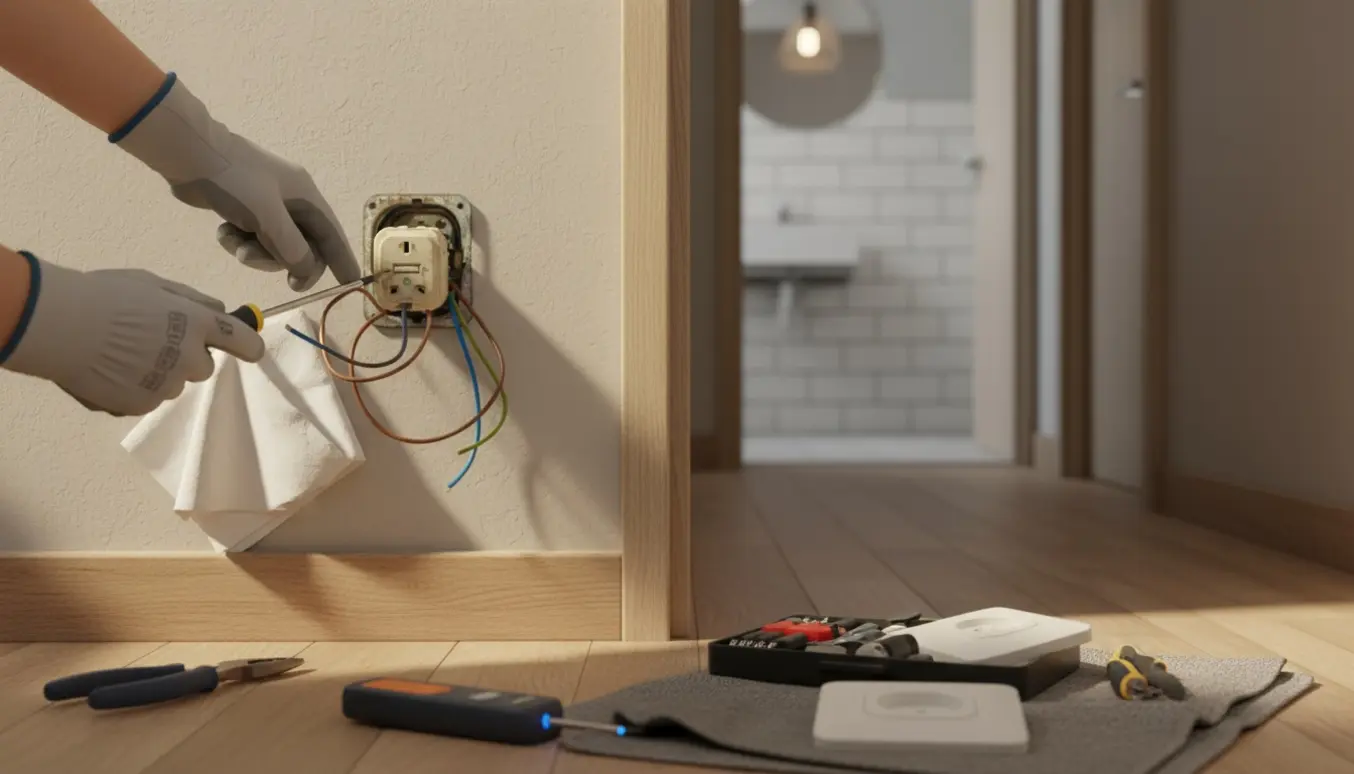 Nærbillede af handskerede hænder, der udskifter en stikkontakt med værktøj på et rent indendørs arbejdsområde.