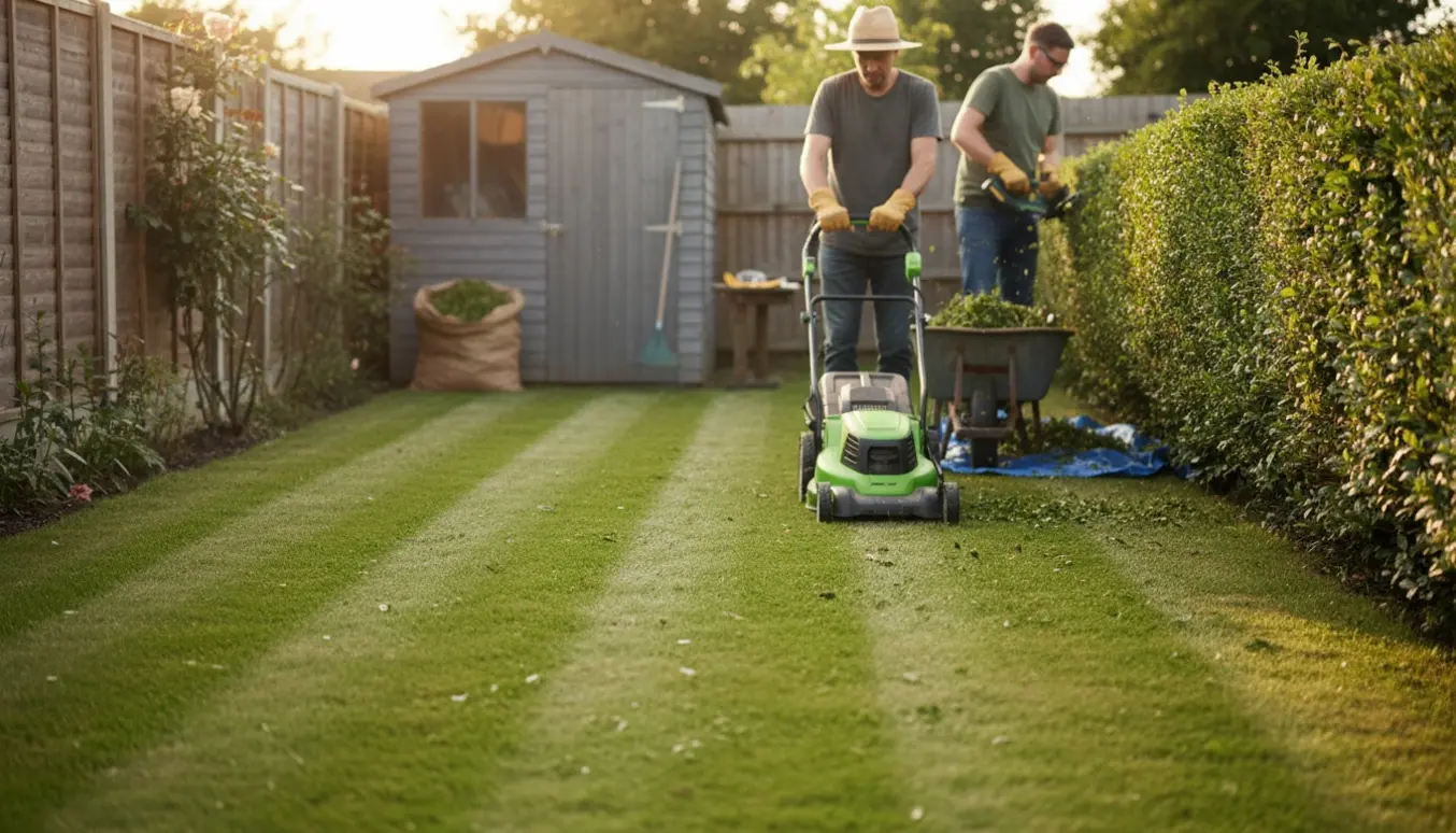 Tæt billede af en nyslået græsplæne med striber og en person, der trimmer en høj hæk med en batteritrimmer, uden synlige ansigter.