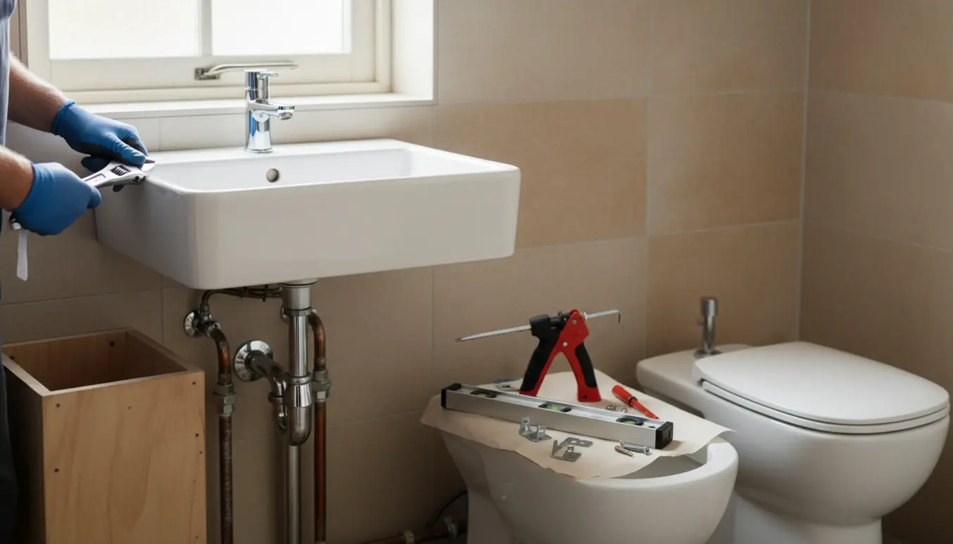 Autoriseret VVS-tekniker arbejder på udskiftning af væghængt håndvask og toilet i et ældre badeværelse med synlige rør.