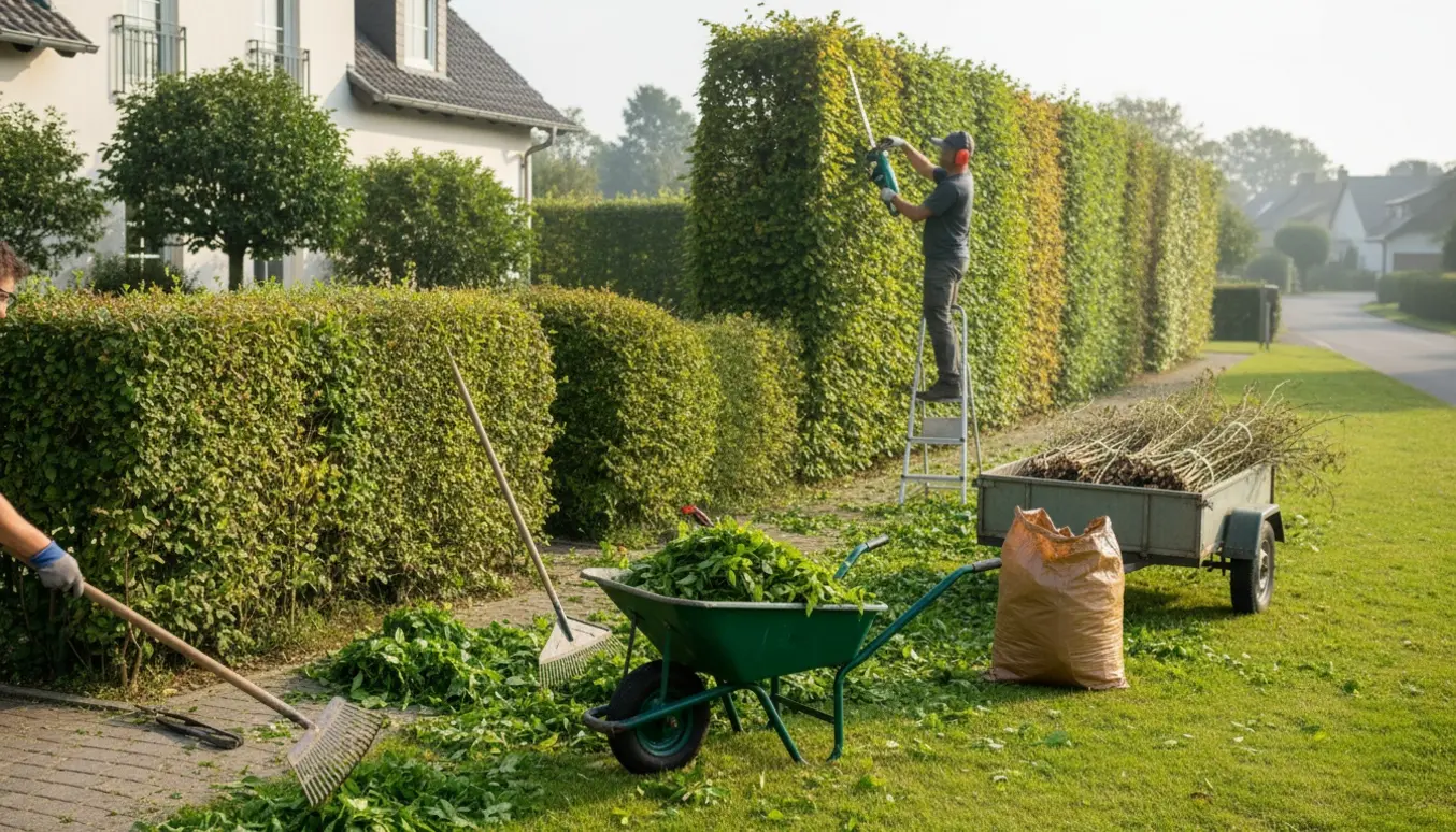 Gartner trimmer hæk og samler afklip i en trillebør foran en liguster- og bøgehæk ved et villahus.