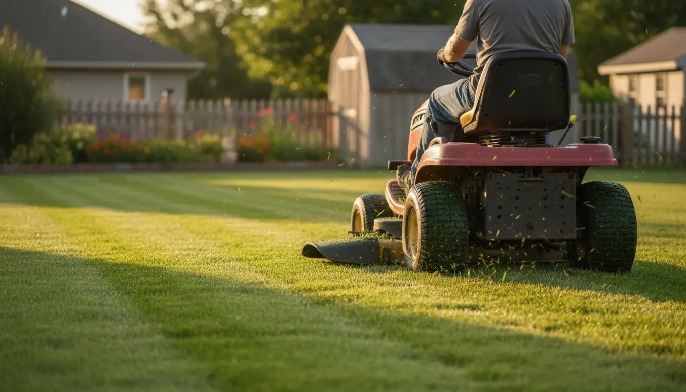 Havetraktor slår græsset og efterlader pæne striber i en soloplyst have.