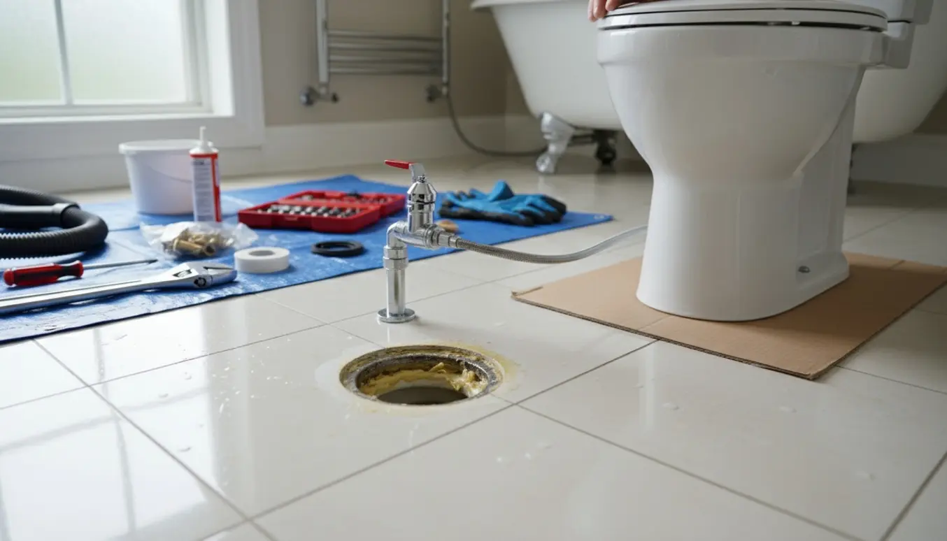 Gulvmonteret toilet under udskiftning på klinkegulv med synlig afløbsflange og ny Balofix-ventil.